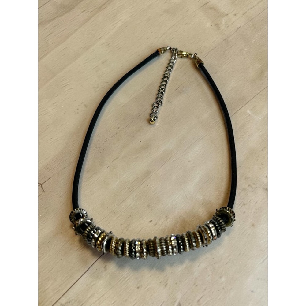 Mixed Metal Bead Acrylic Leather Look Cord Necklace 20" Boho Chic
